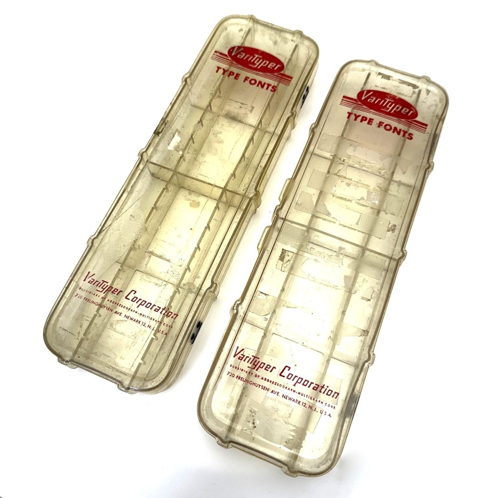 Two (2) Varityper Shuttle Cases Typewriter Print Element Holder Plastic Carrying