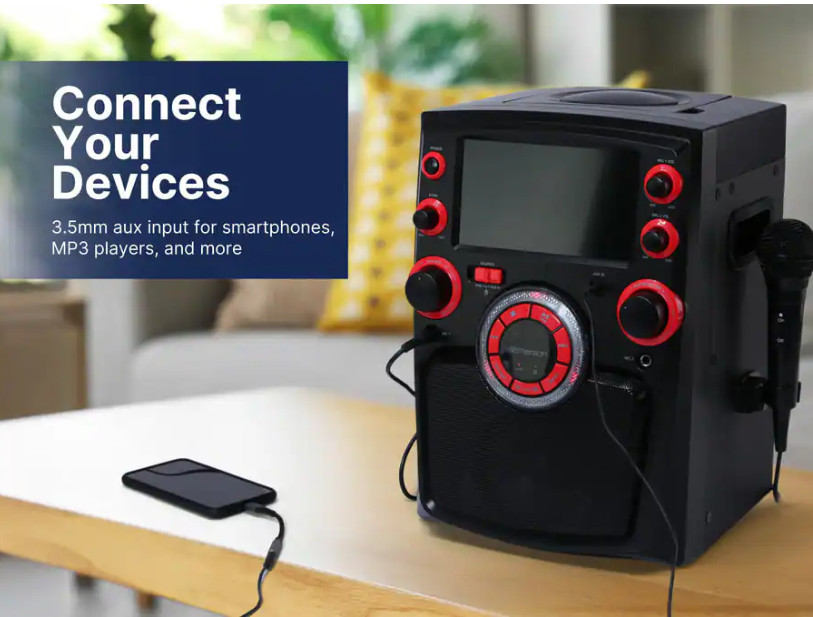 Emerson Portable Bluetooth Karaoke System w 7" LCD Display and Carrying Handle