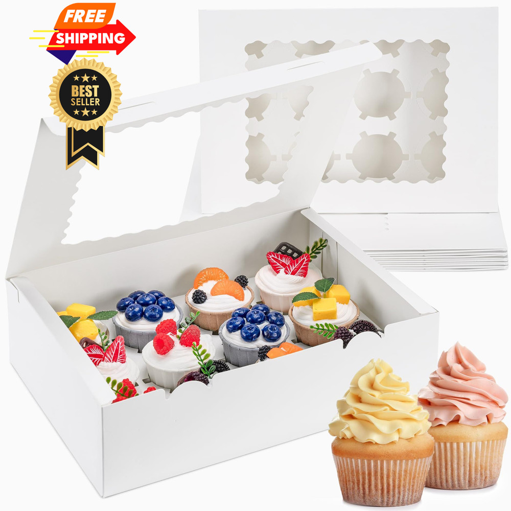 LingengDa 12 Count Cupcake Boxes, 4PCS Container with Window, White