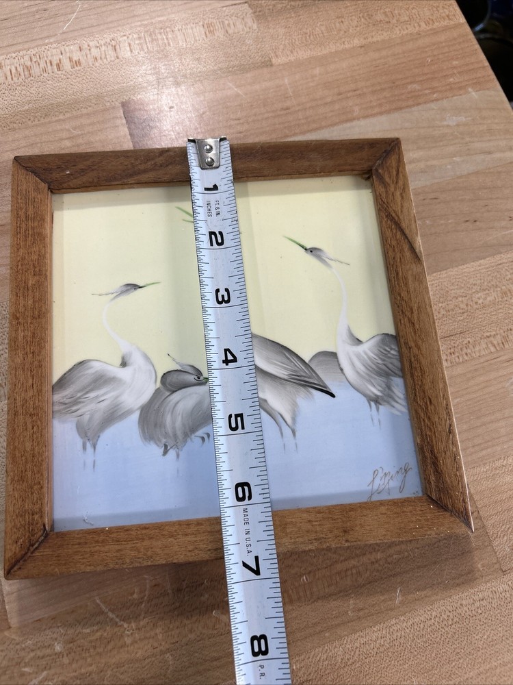 Vintage Art Tile Framed Signed Hand-Painted Cranes