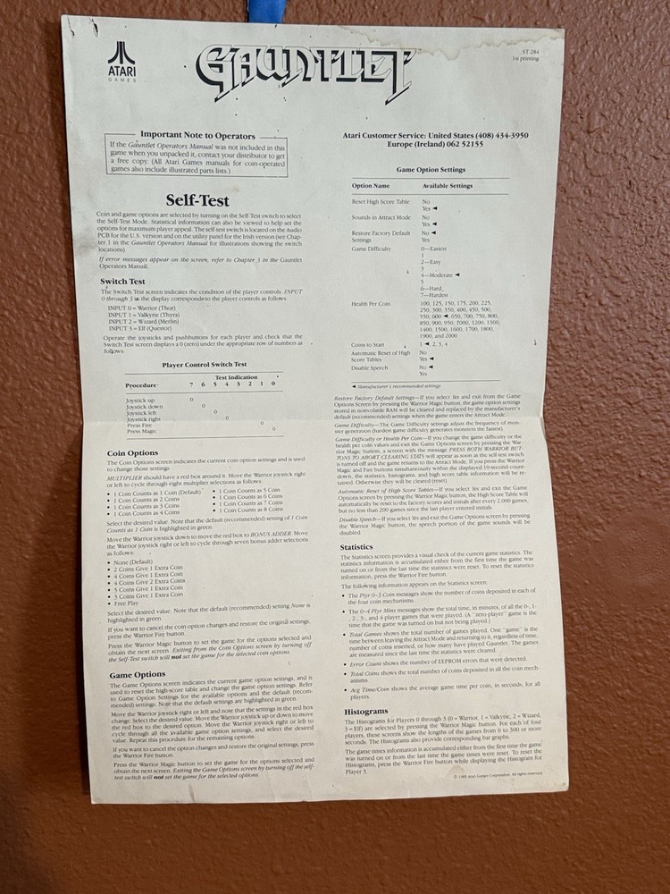 Original Atari GAUNTLET backdoor Sheet
