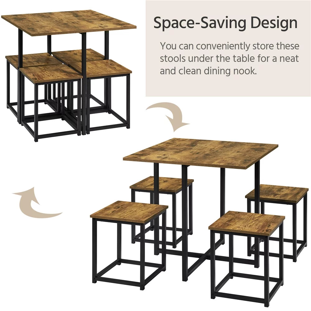 5Pcs Dining Set with Industrial Square Table and 4 Backless Chairs Rustic Brown