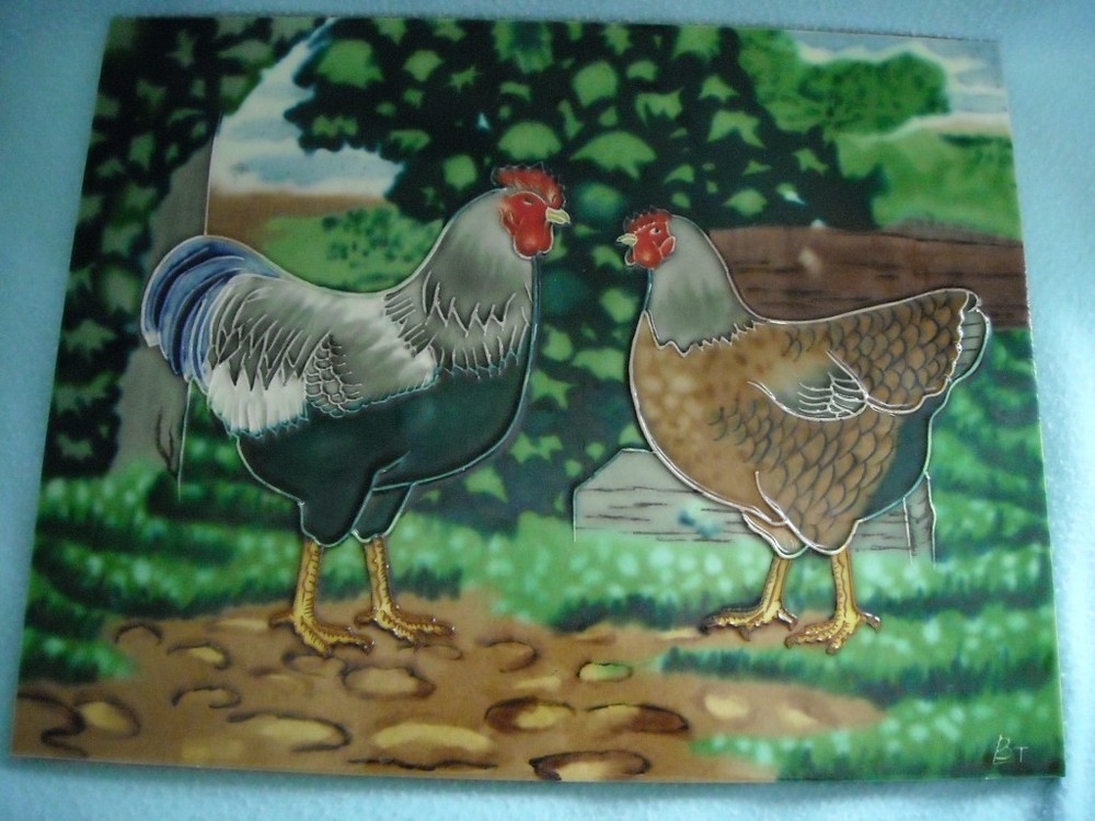 Kitchen Backsplash Chicken Rooster Tile 14x11" Ceramic Wall Ceramic Signed BT