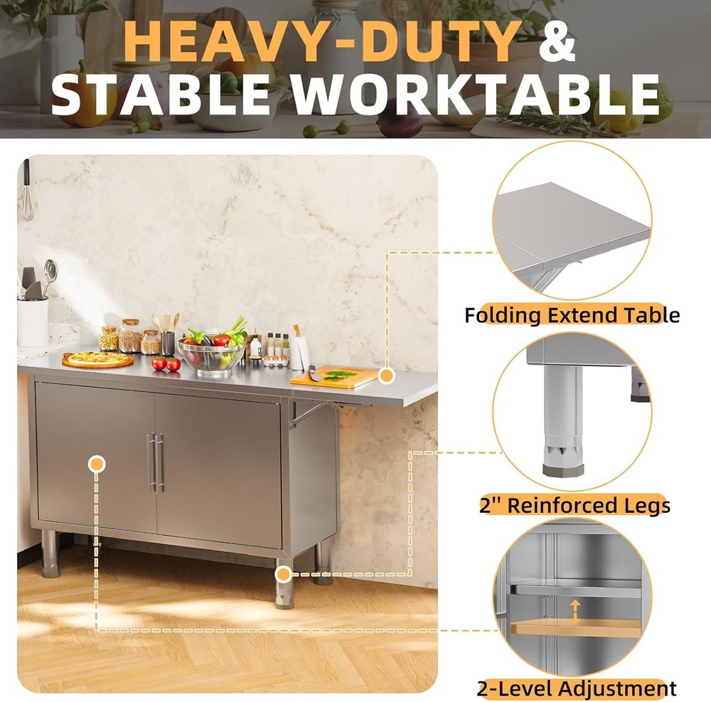 57"x19.7" Stainless Steel Work Table w/ Extend Panel & Adjustable Shelf