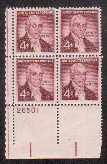 Scott #1138....4 Cent...Ephram McDowell...4 Plate Blocks
