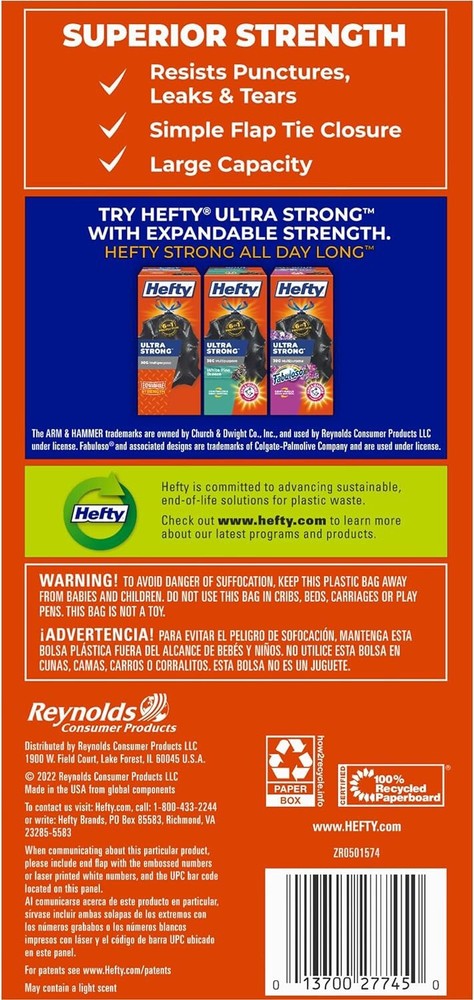 Hefty Easy Flaps Multipurpose Large Trash Bags, Unscented, 30 Gallon, 40 Count