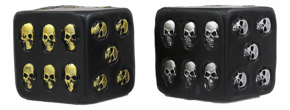 Oversized Decorative 2.25"H Cube Silver And Gold Skull Face Gaming Dice Decor