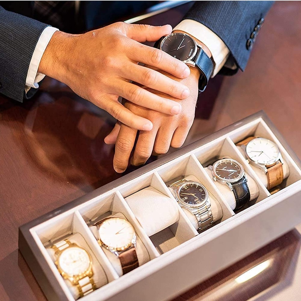 Solid Espresso Wood Watch Box Organizer with Glass Display Top