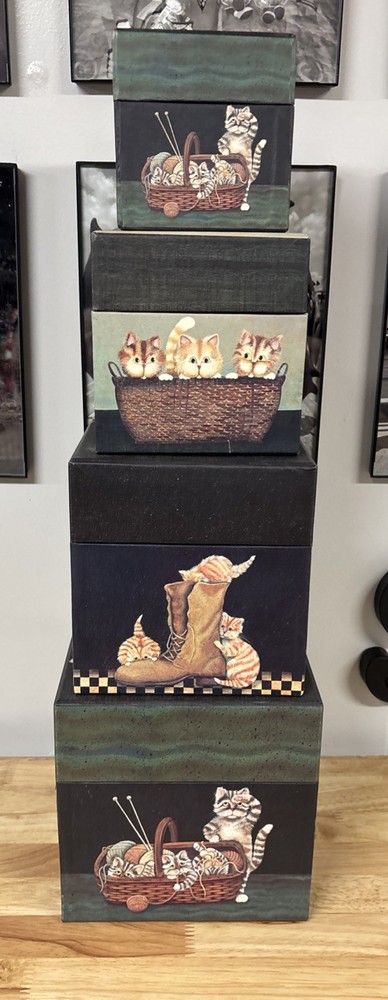 Bobs Boxes Lang Set Of 4 Nesting Boxes Cats Kittens Calico Cats Nesting Boxes