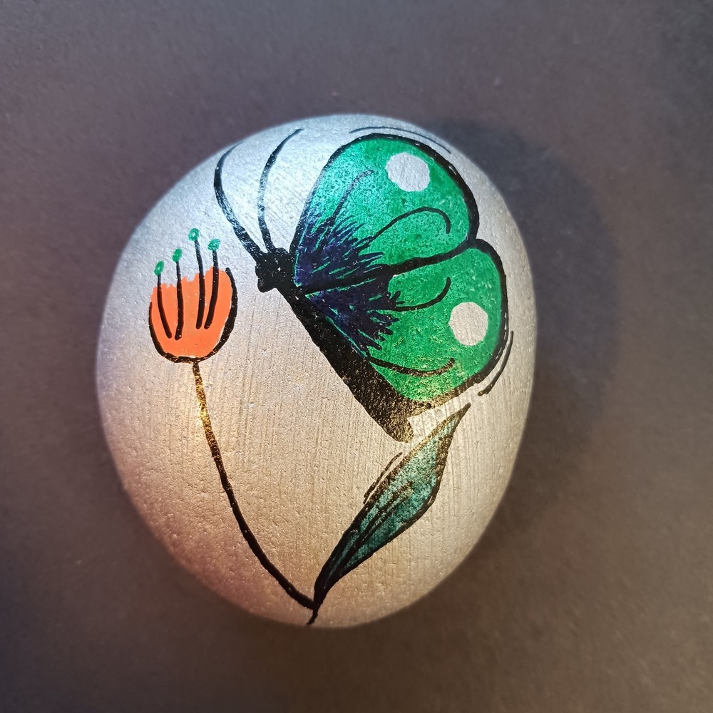 Hand Painted River Rock With Butterfly And Flower Design
