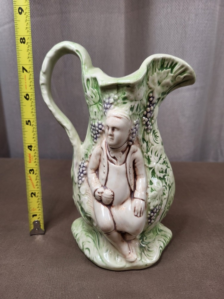 Vintage Ceramic Pitcher w Raised Figures & Grape Vines Artist Signed & Dated