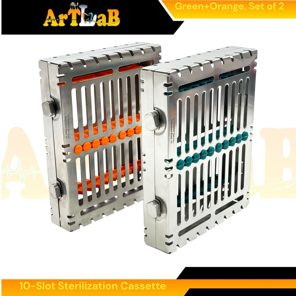 2 Count, Sterilization Cassette Boxes with Detachable Lid, Lockable,Green+Orange