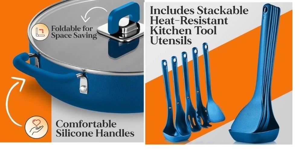 NutriChef Kitchenware 17-pc Non-Stick Space Saving Cookware Set, Blue