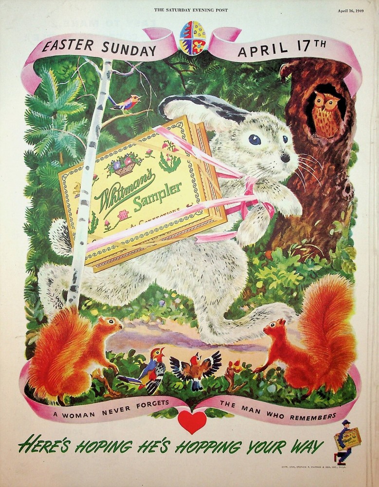 Original 1949 Whitman's Sampler Ad: Easter Sunday; Bunny
