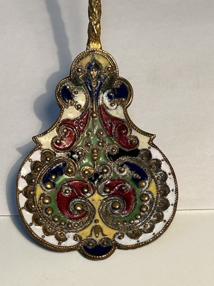 Antique Brass Champlevé Enamel Figural Sphinx Spoon Twisted Handle 19th
