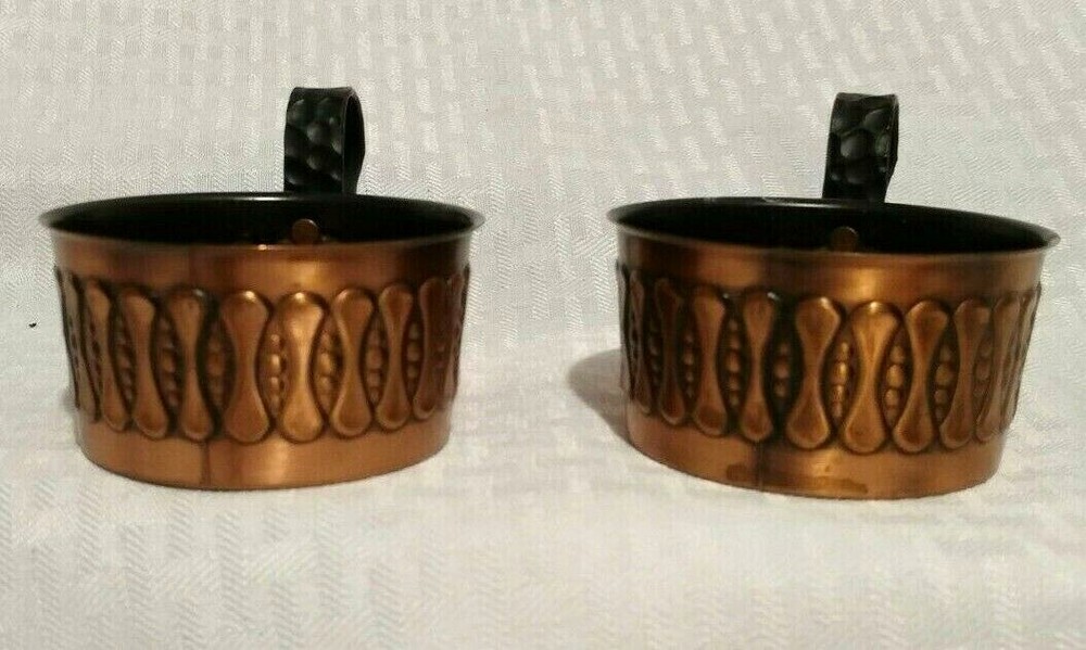 Vintage Etched Copper Cup Holders with Handle Set of two