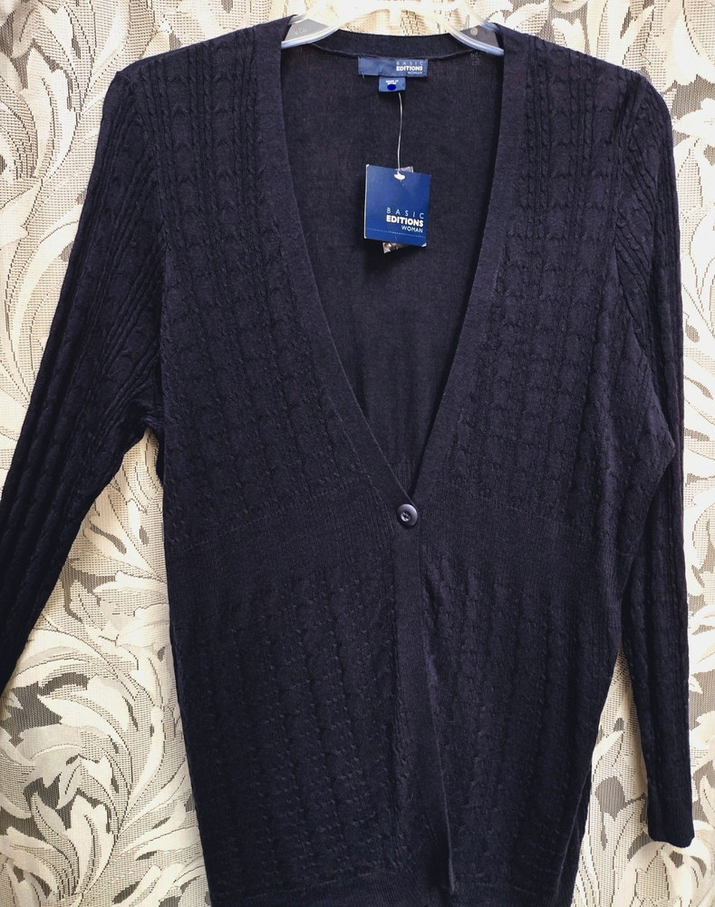 2X BASIC EDITIONS NAVY BUTTON FRONT MIXED KNIT CROCHET PEPLUM CARDIGAN SWEATER