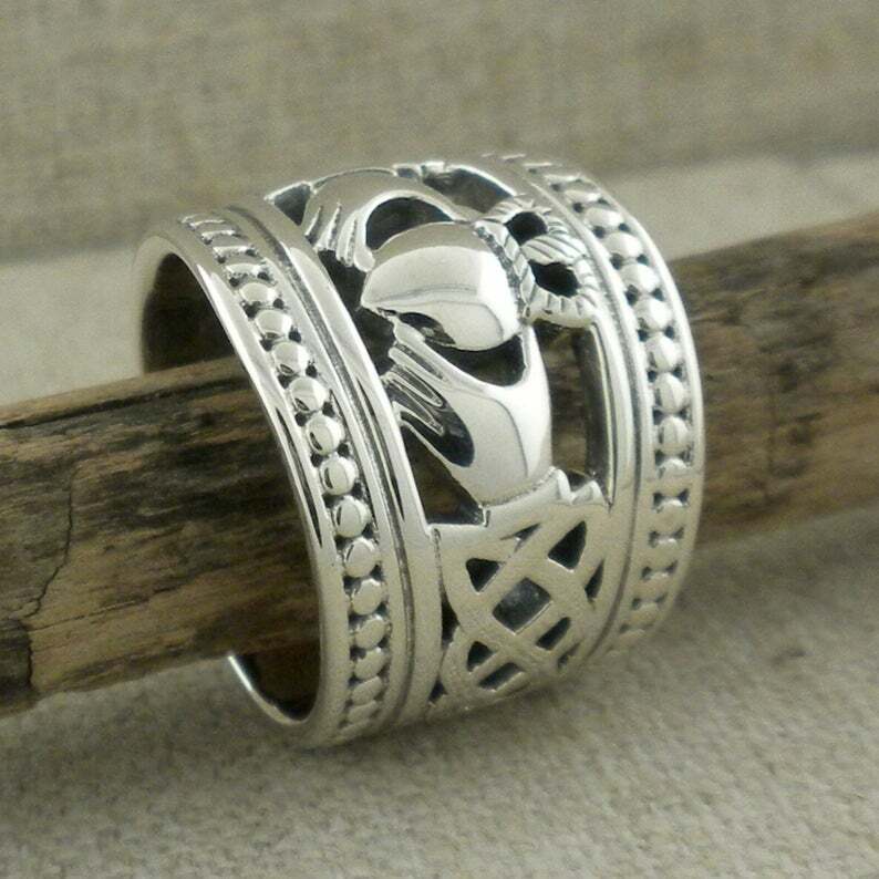 Sterling Silver Wide Claddagh Ring Celtic Knots Bead Edges Keith Jack Gift Boxed