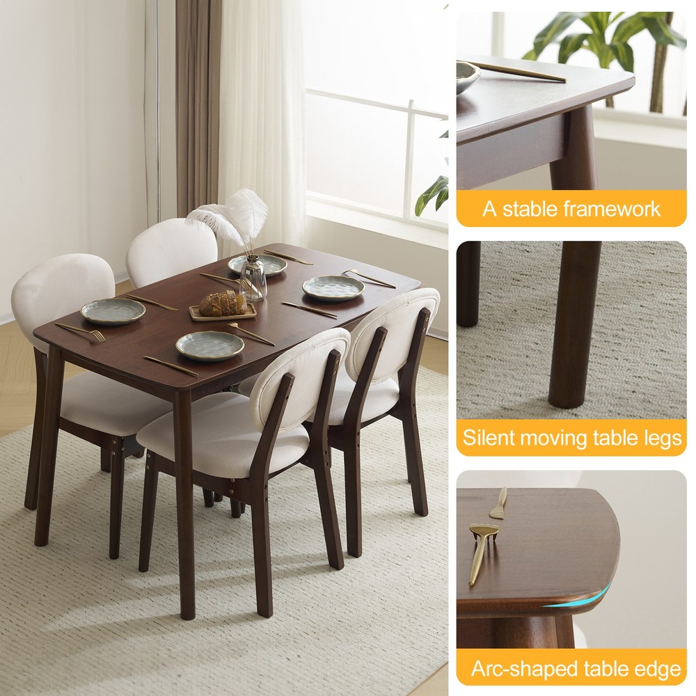 5pc Solid Wood Dining Set Deep Walnut Table & 4 Beige Padded Chairs Space-Saving