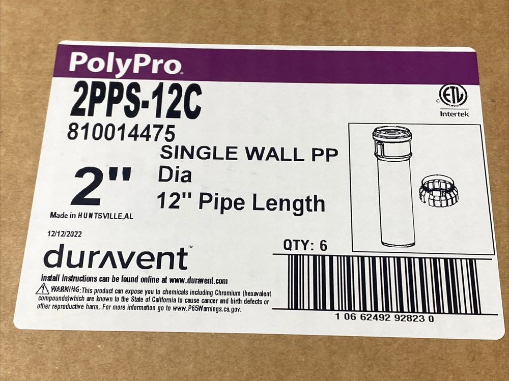 Duravent PolyPro 2PPS-12C 2” Single Wall PP 12” Pipe Length Qty:6 New