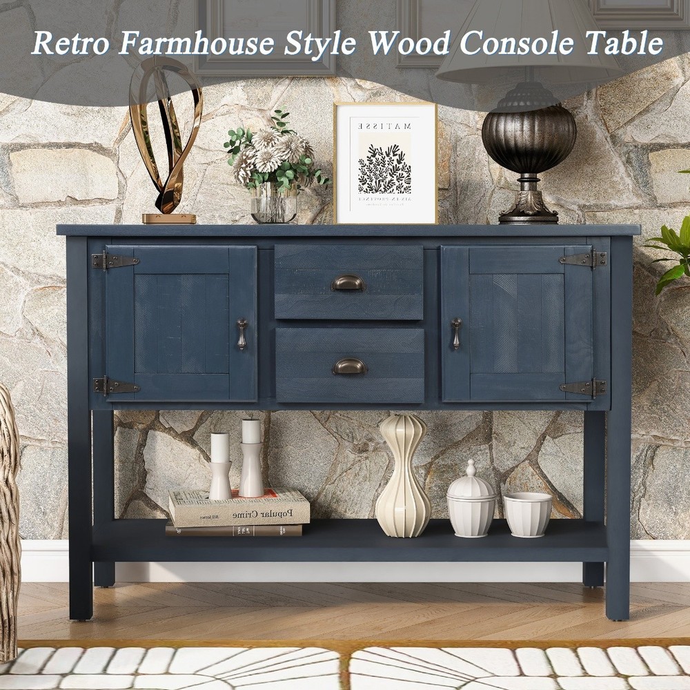 46'' Retro Solid Wood Sideboard Console Table w/Bottom Shelf & Storage Cabinets