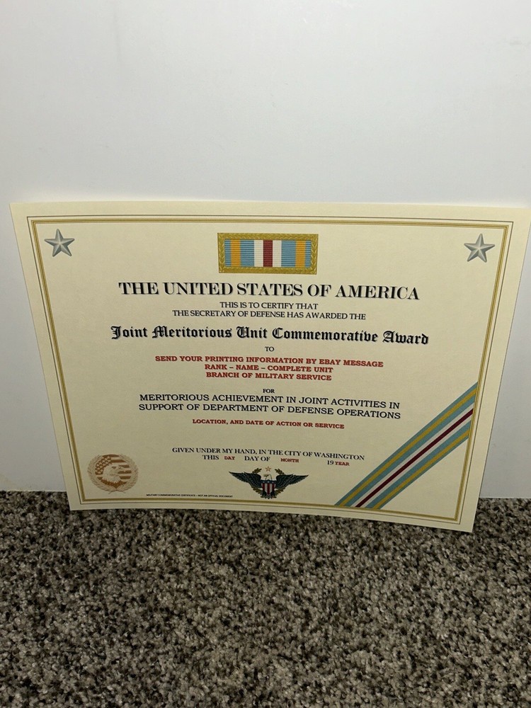 JOINT MERITORIOUS UNIT COMMEMORATIVE AWARD CERTIFICATE ~W/PRINTING T-1