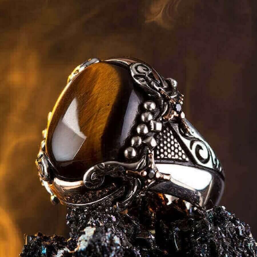 Solid 925 Sterling Silver Tiger's Eye Stone Sword Men's Ring