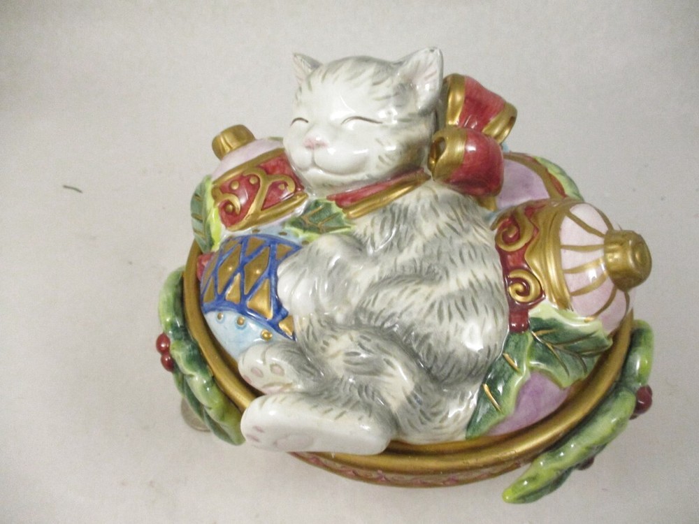 Fitz &; Floyd Essentials Christmas Kitty Cat Sleeping Fitted Lidded Candy Dish F