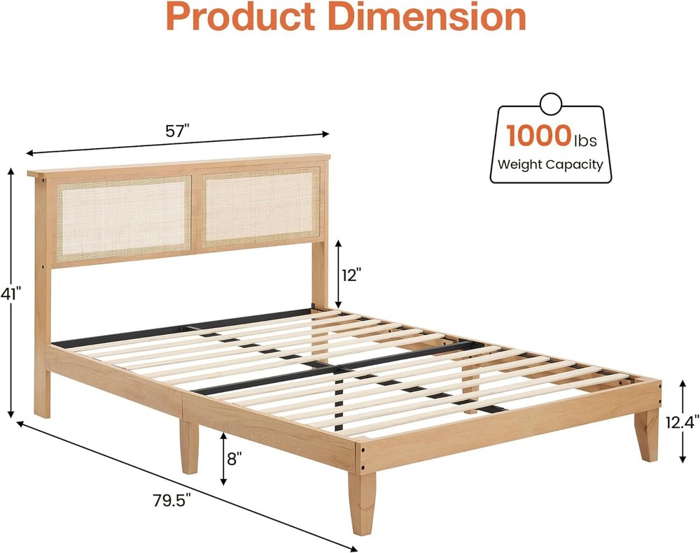 ☑️⏯Queen Full Bed Frame w/Rattan Headboard Wood Slat Support Solid Wood Foundati