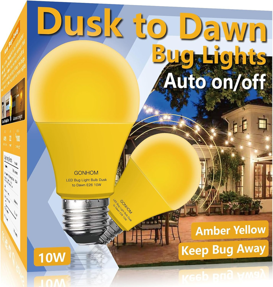 Dusk to Dawn Bug Light Bulb Outdoor,2 Pack Amber Bug Light Bulb,Auto On/Off,10W(
