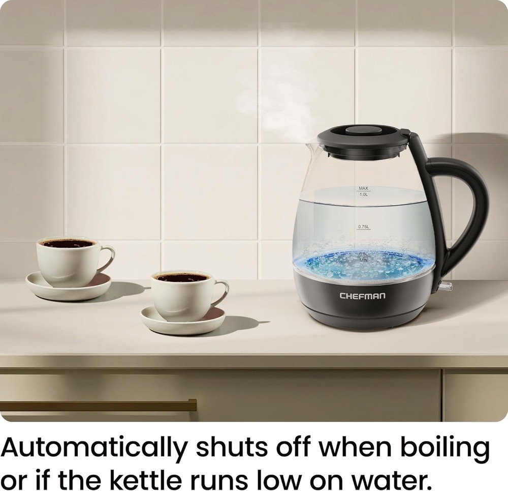 Chefman 1L Electric Glass Kettle w/ LED Indicator Light, Automatic Shutoff