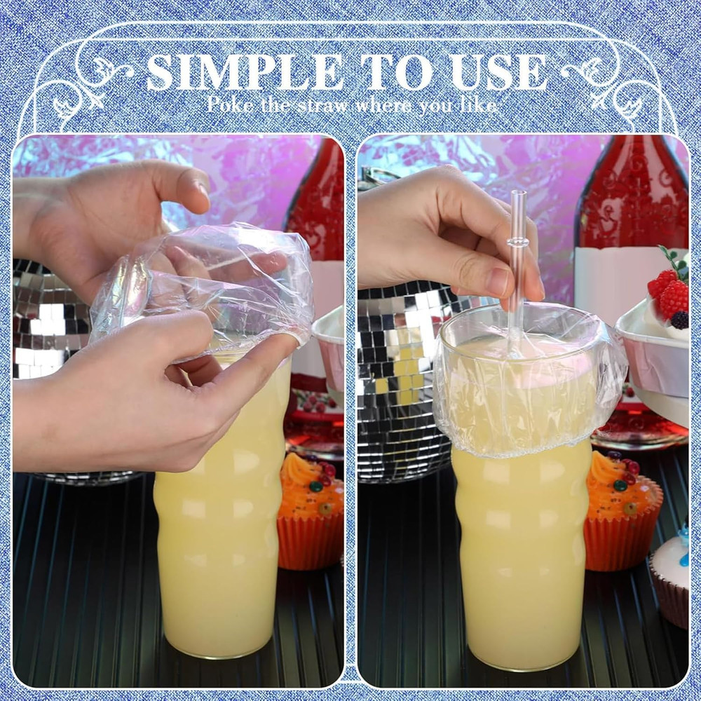 100 Pcs Scrunchie Drink Covers - Bulk Disposable Plastic Covers for Cups & Bever