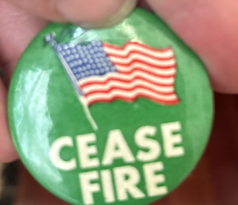 Anti Vietnam War button Cease Fire American Flag
