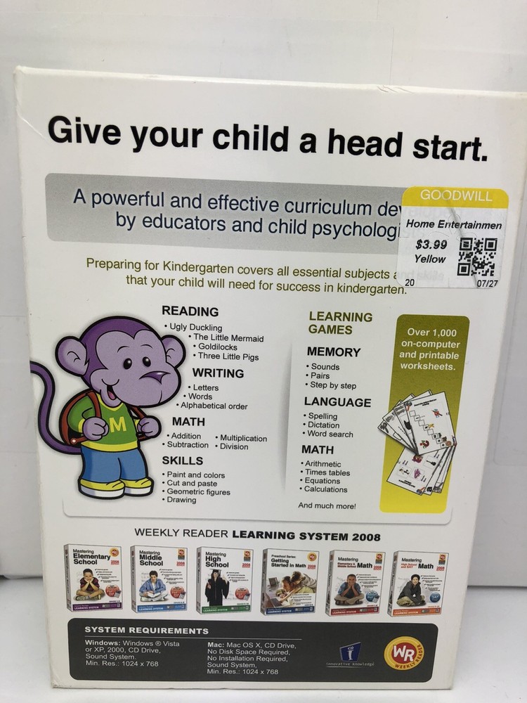 Preparing For Kindergarten PC Mac 2008 SEALED Weekly Reader Learning System