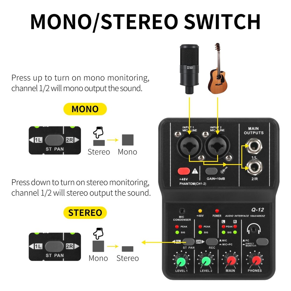 XTUGA USB Audio Interface+48V Phantom Power with 3.55m Microphone Jack,2i2