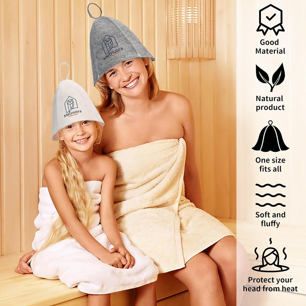 Sauna Hat 2-Pack, Wool Cap for Bathing (White, Grey)