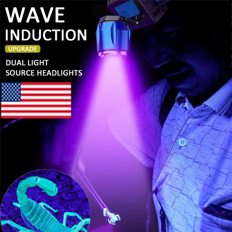 LED Dual Light Source UV LED Headlamp White Headlight Torch Purple Flashlight