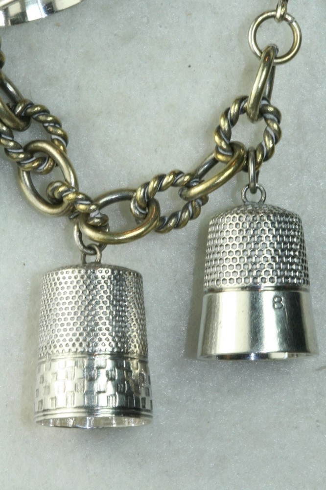 VICTORIAN ANTIQUE STERLING SILVER THIMBLE CHARM BRACELET