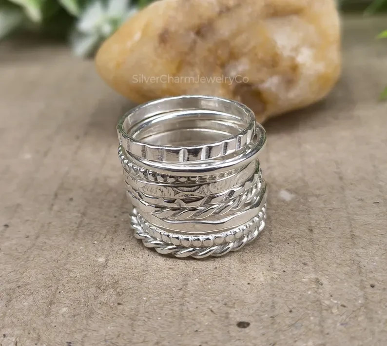 Solid 925 Sterling Silver Stacking Rings Set - Handmade Unisex Band All Size