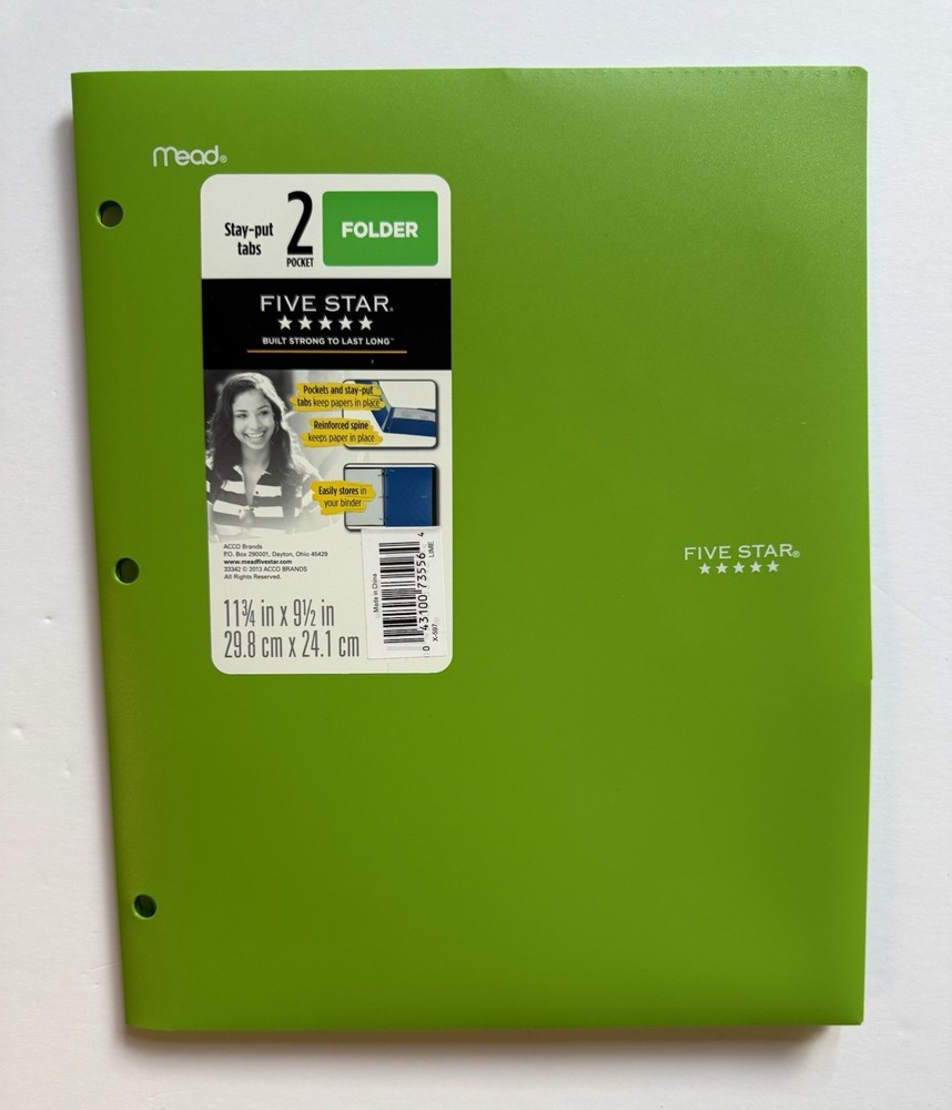 Five Star 2 Pocket Stay Put Tabs Plastic Folder Color-Lime Green New Free Ship
