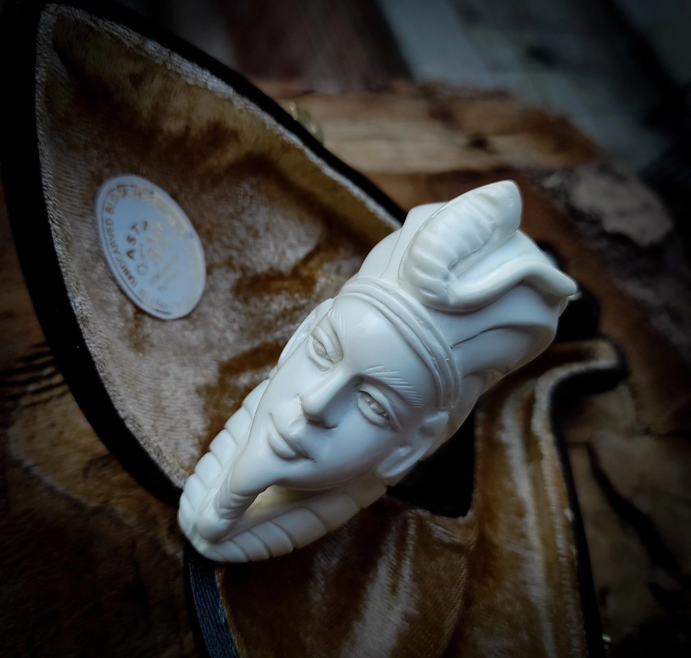Pharaoh Patterned Block Meerschaum Pipe With Leather Case- Astaş Meerschaum