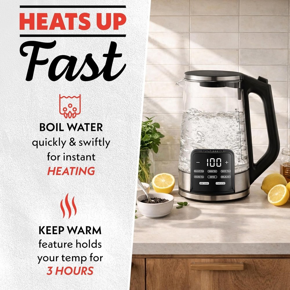 Electric Glass Kettle – 1.7L Programmable Tea & Coffee Brewer with Digital To...