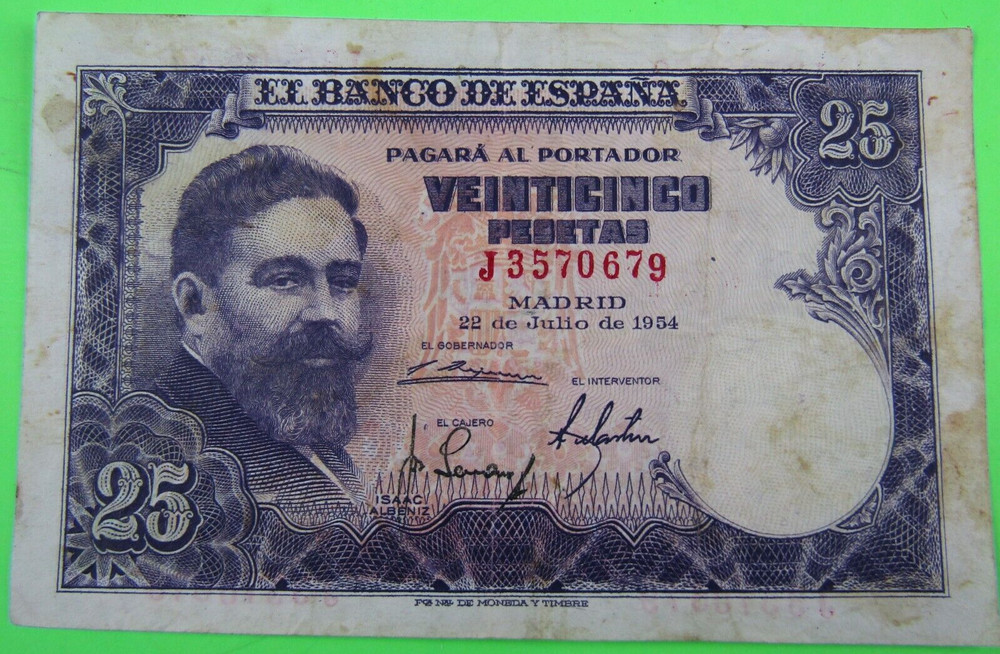 SPAIN, 25 PESETAS, P#147a, 1954, ERROR  s/n 9 shift downward
