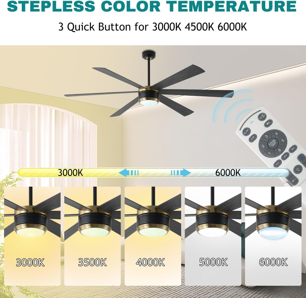 Ceiling Fan with Lights and Remote, 6 Blade App Control Timer Reversible Steples
