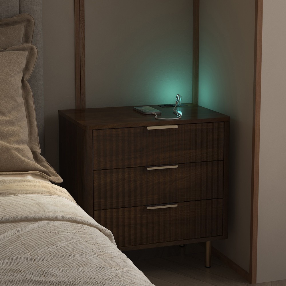 Modern Nightstand Bedside Table Side End Table w/Storage Cabinet & Night Light