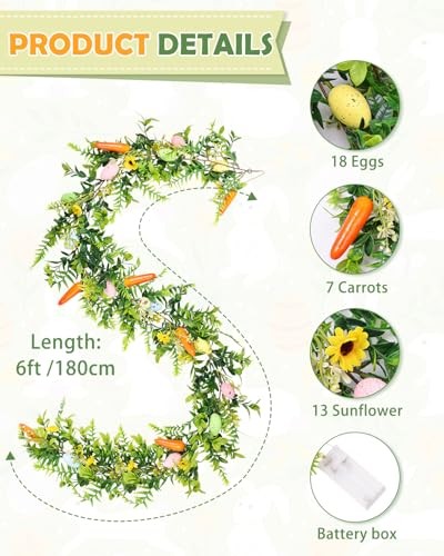 6FT Easter Garland - Artificial Spring Vine with Easter Eggs, Flowers &