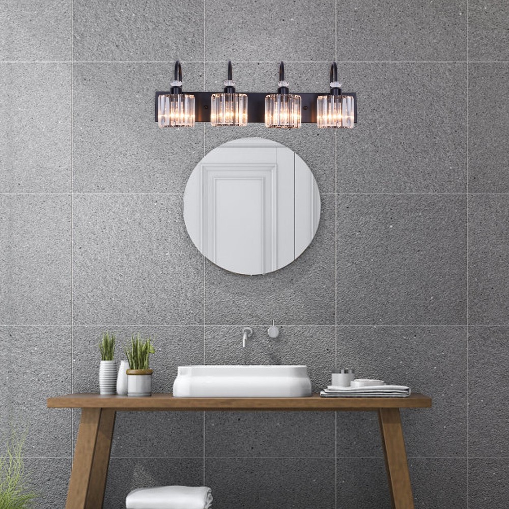 31.5" 4-Light Black Crystal Vanity Light, E26 Base, Iron Frame, , No Bulbs