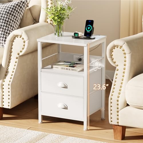 End Table with Charging Station, Nightstand with Fabric Drawers, 1 pc White
