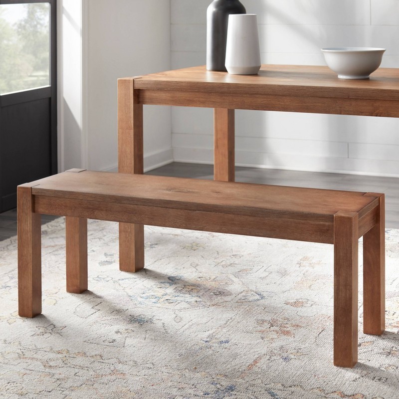 Verdon Modern Farmhouse Dining Bench Driftwood Solid Rubberwood 48"