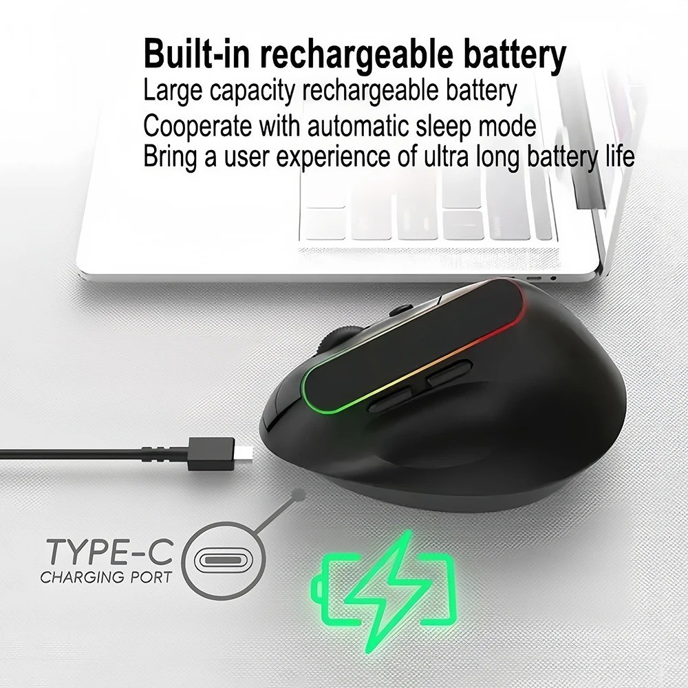 Dual Mode RGB Vertical Wireless Mouse – 2.4G & Bluetooth Ergonomic Rechargeable